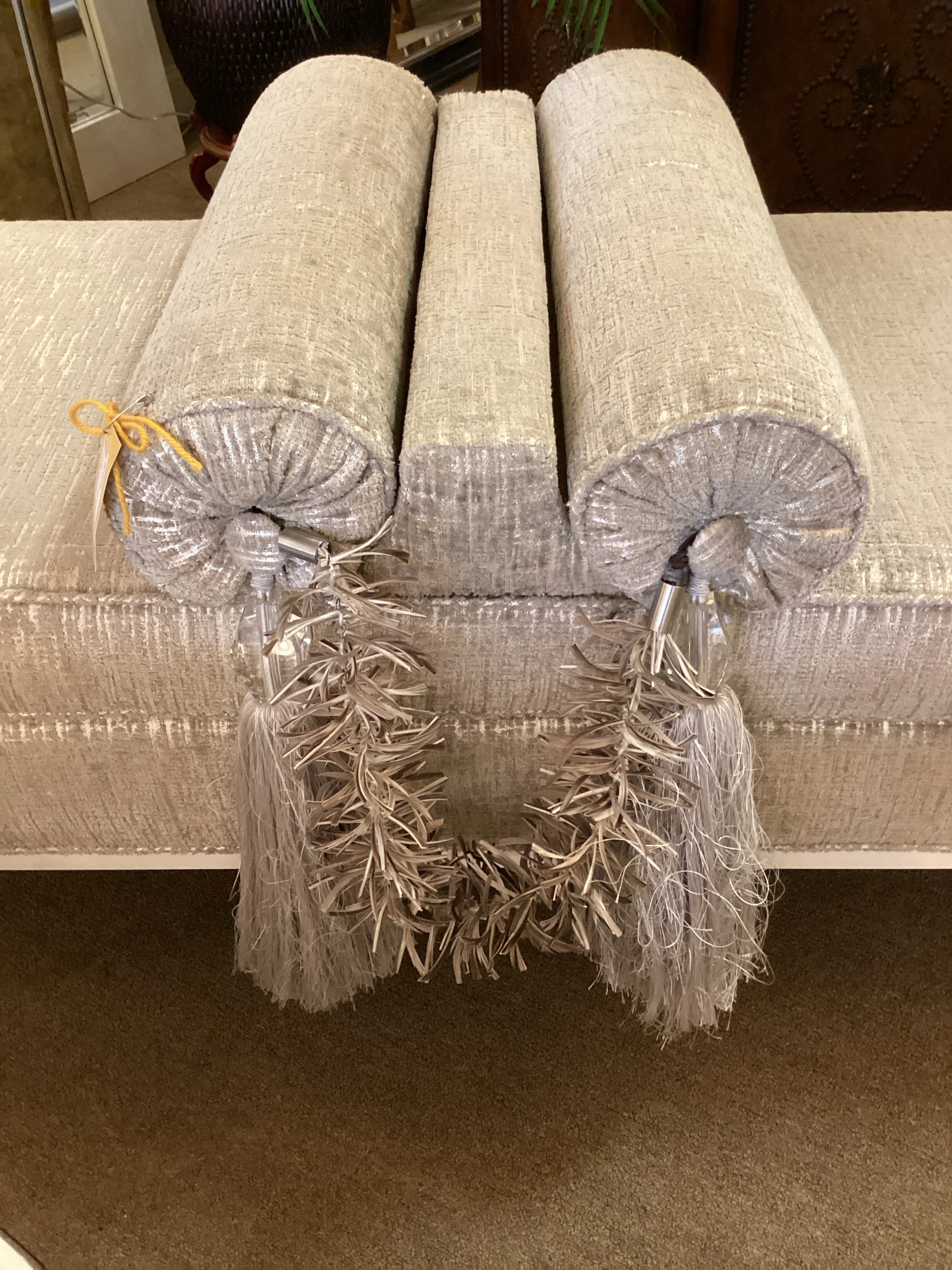 Grey Bench with Two Pillows And Tassels - Image 3