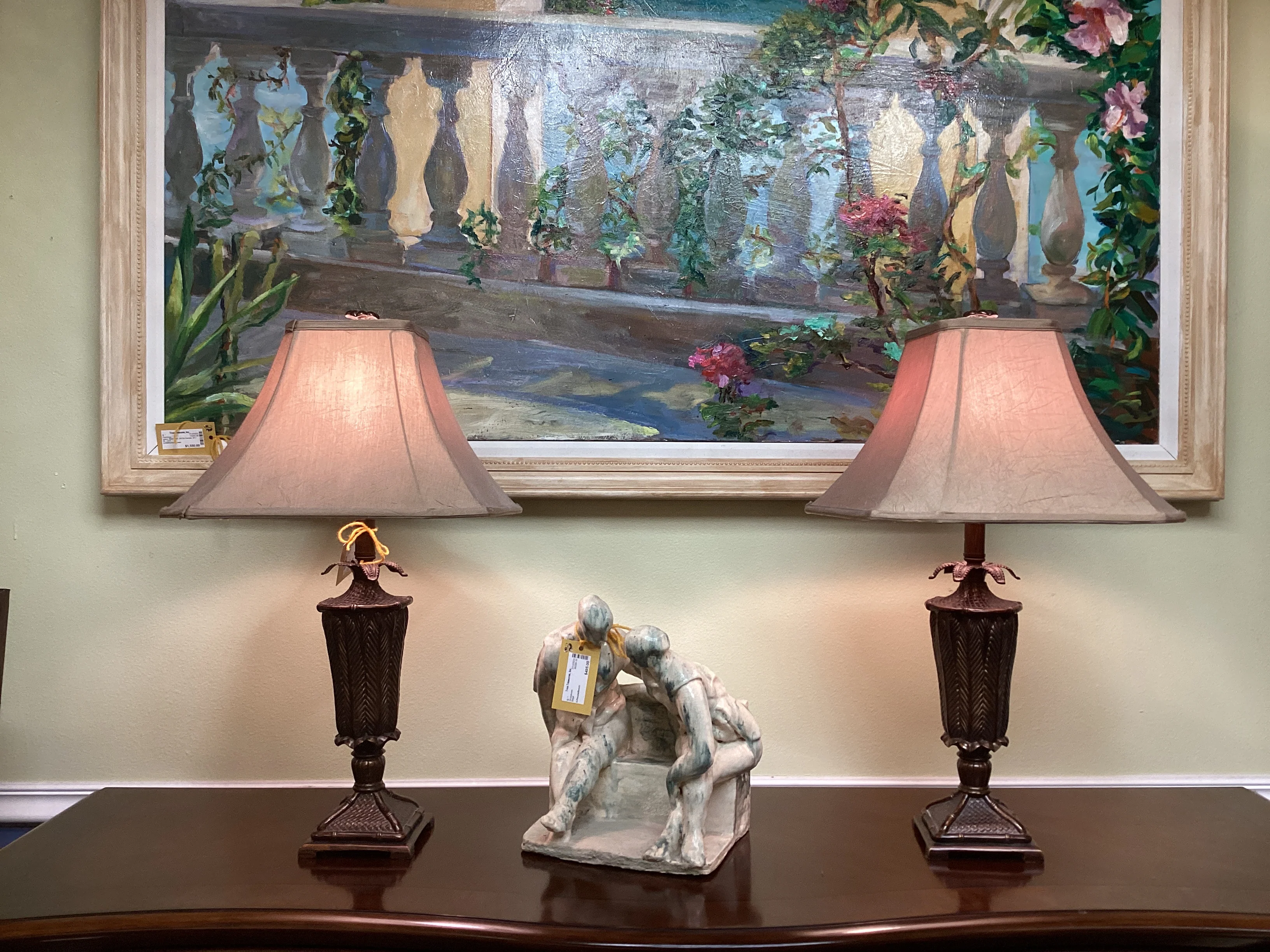 Pair Bronze Color Palm Lamps with Tan Silk Shade - Image 3
